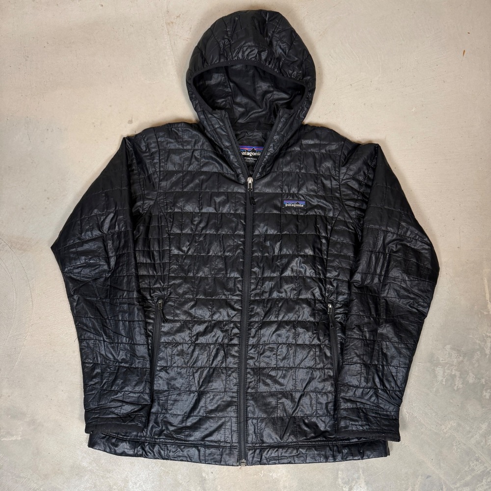 Patagonia Womens Nano Puff Hoody Black Quilted Jacket Large Repair